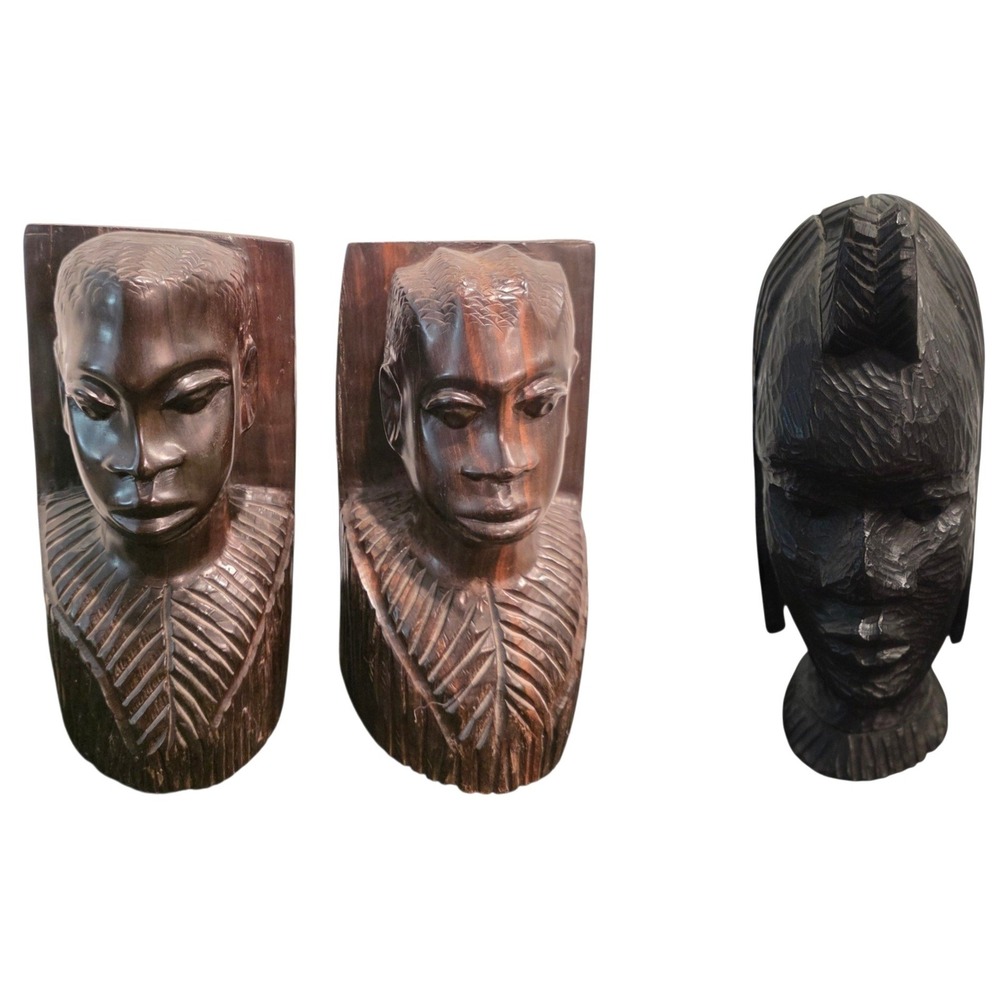 African Wood Decor Lot, Bookends and Female Bust Statue, Tribal Art Decor